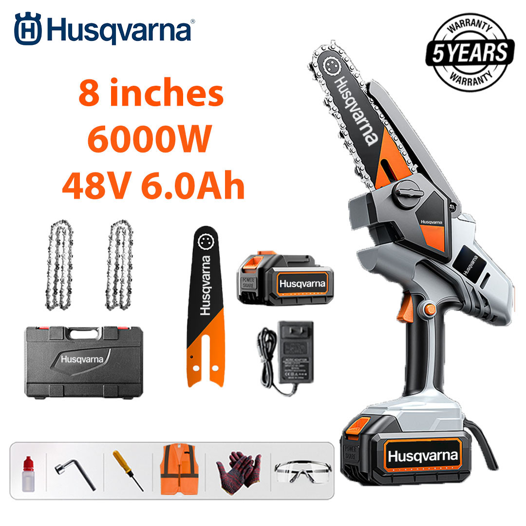 Ferăstrău electric cu litiu fără perii de 8 inchi, putere 6000 W, baterie 48 V 6,0 Ah * 2, încărcător, placă de ghidare * 1, lanț * 2, cutie de scule, lubrifiant și ochelari de protecție, cinci ani garanție