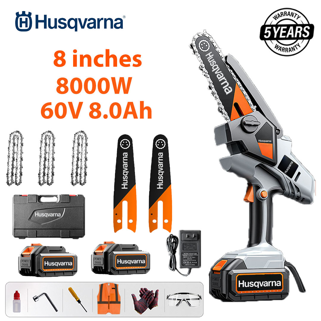 Ferăstrău electric cu litiu fără perii de 8 inchi, putere 8000 W, baterie 60 V 8,0 Ah*2, încărcător, placă de ghidare*2, lanț*3, cutie de scule, lubrifiant și ochelari de protecție, cinci ani garanție