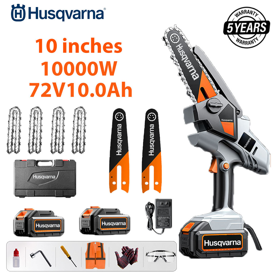 Ferăstrău electric cu litiu fără perii de 10 inchi, putere 10.000 W, baterie 72 V 12 Ah*2, încărcător, placă de ghidare*2, lanț*4, cutie de scule, lubrifiant și ochelari de protecție, cinci ani garanție