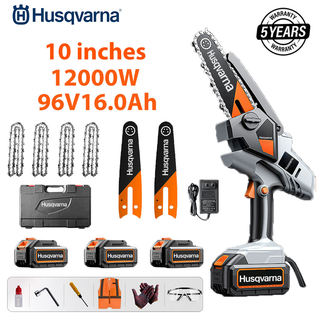 Ferăstrău electric cu litiu fără perii de 10 inchi, putere 12.000 W, baterie 96 V 16 Ah*3, încărcător, placă de ghidare*2, lanț*4, cutie de scule, lubrifiant și ochelari de protecție, cinci ani garanție
