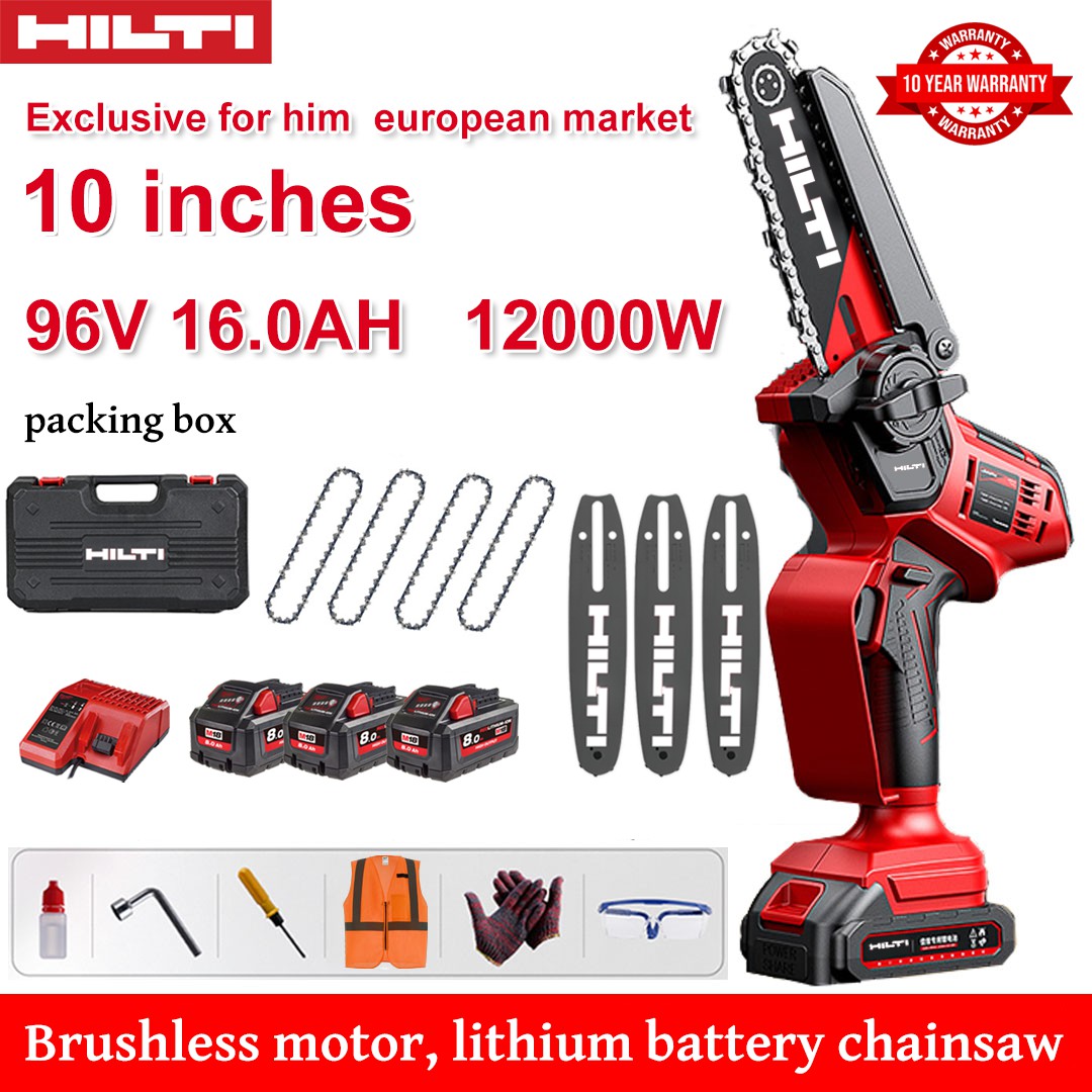 Ferăstrău electric cu litiu fără perii de 10 inchi, putere 12000W, baterie 96V 16Ah*3, încărcător, placă de ghidare*3, lanț*4, cutie de scule, lubrifiant și ochelari de protecție, garanție de zece ani
